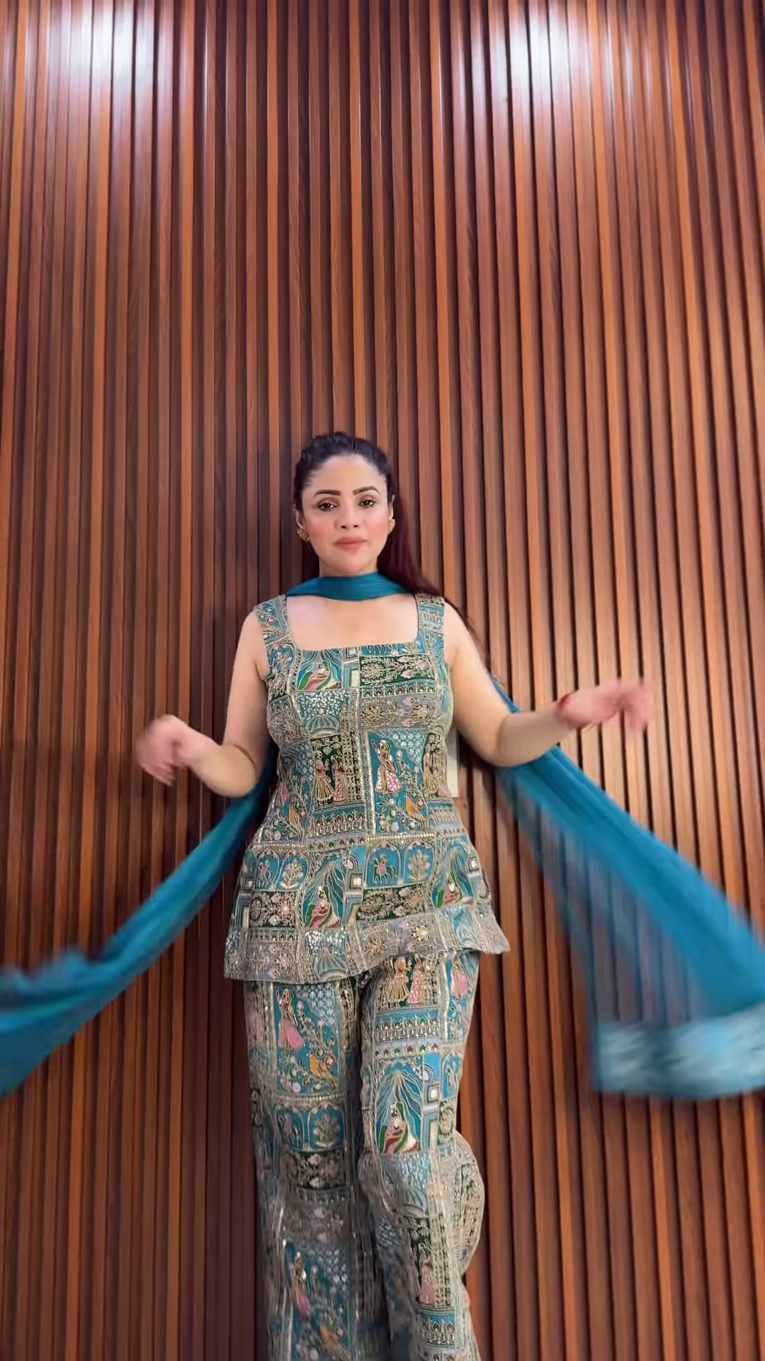 Teal Green Mughal Print Sharara Suit with Embroidered Detailing - Image 2