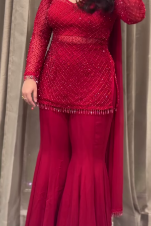 Crimson Red Sequin Embellished Sharara Suit with Net Sleeves