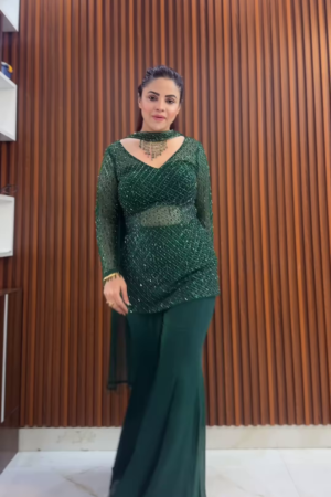 Emerald Green Sequin Embroidered Sharara Suit with Sheer Net Sleeves