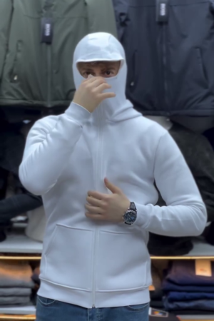 WHITE FULL-ZIP HOODIE WITH FACE COVER DESIGN