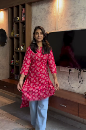 Elegant Pink Printed A-Line Kurti with Light Blue Pants – Everyday Comfort & Style