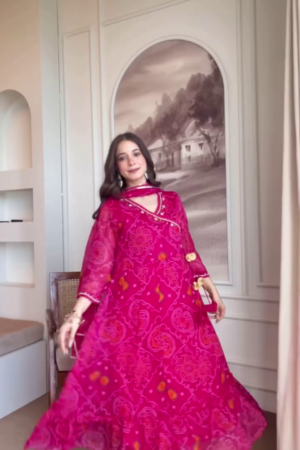 Luxury Bandhej-Style Pink Anarkali Kurti with Dupatta – Festive Ethnic Flair