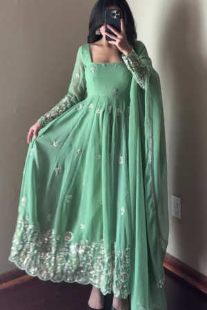 Pastel Mint Green Heavy Embroidered Anarkali Suit with Dupatta – Premium Festive Edition