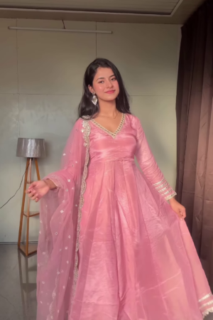 Blush Pink Silk Anarkali Suit with Mirror-Work Dupatta – Elegant Festive Wear