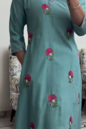 Teal Blue Floral Embroidered Straight Kurti with Striped V-Neck Detailing