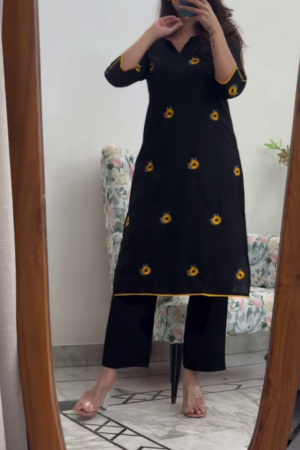 Black Sunflower Embroidered Straight Kurti with Matching Pants