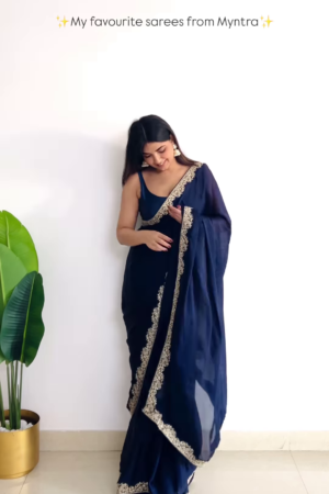Navy Blue Embroidered Border Saree with Matching Blouse – Elegant Ethnic Wear