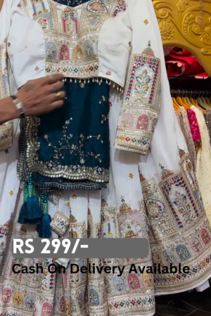 Royal White & Teal Embroidered Lehenga Set – Majestic Elegance