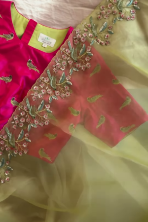 Peach Pink & Lime Green Embroidered Organza Suit Set