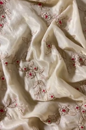 Ivory Organza with Pink Floral Hand Embroidery – Unstitched Fabric
