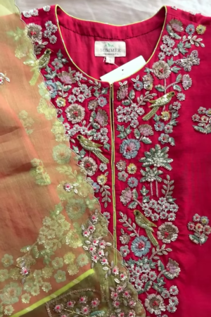 Crimson Red Bird Motif Embroidered Blouse & Dupatta Set