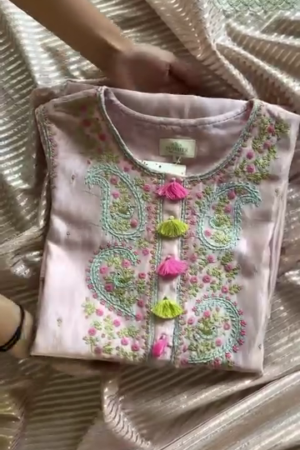 Pastel Pink Paisley Embroidered Kurta with Tassel Accents