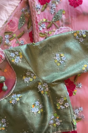 Olive Green Sequin Embroidered Blouse with Floral Net Dupatta
