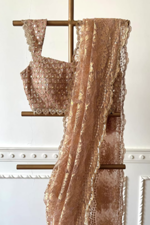 Champagne Gold Sequin Embroidered Lace Saree with Designer Blouse