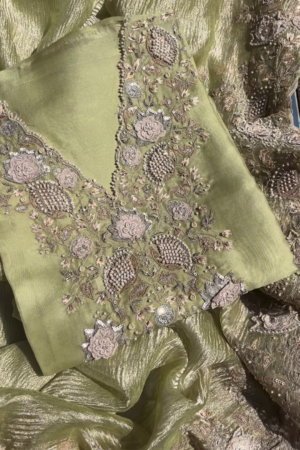 Olive Green Metallic Silk Embroidered Suit Set with Pearl Detailing