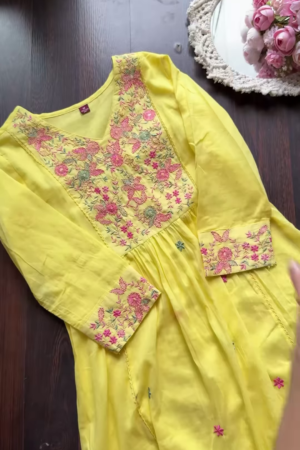 Pastel Cotton Kurta Sets with Hand Embroidered Neckline – Set of 2 (Sky Blue & Yellow)