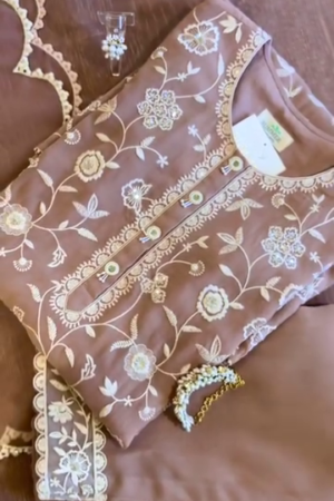 Elegant Mauve Georgette Embroidered Kurta Set with Lace Detailing & Matching Dupatta