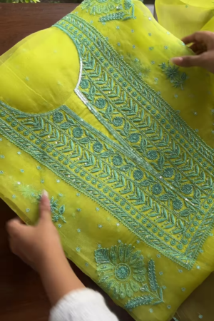 Noor-e-Zaitoon Hand-Embroidered Lime Green Chikankari Kurta Set