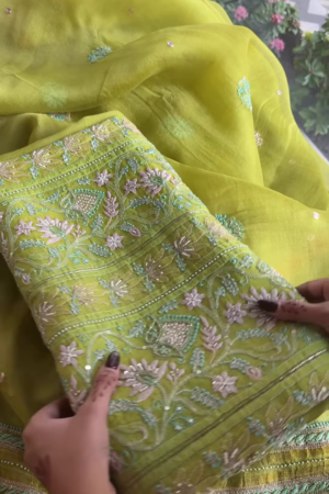 Zarqa Lime Olive Hand-Embroidered Silk Suit with Paisley Motifs