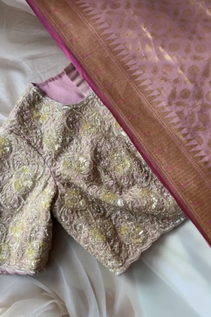 Noorani Dusty Rose Hand-Embroidered Blouse with Jacquard Silk Dupatta