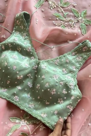 Green Blouse & Rose Pink Embroidered Dupatta Set