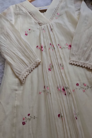 Cream Pleated Embroidered Unstitched Suit Fabric