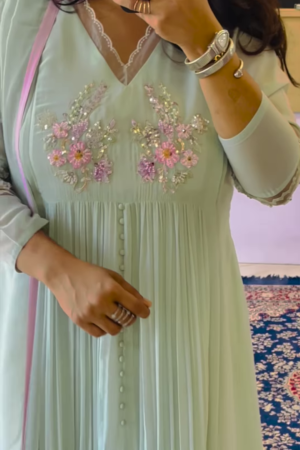 Mint Pleated Anarkali Kurta with Floral Embellishments