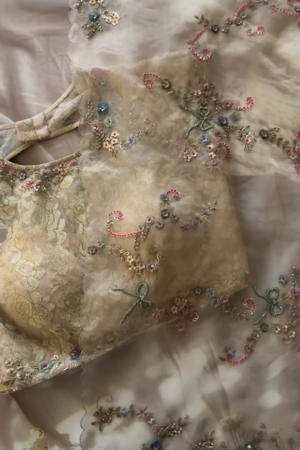 Ivory Floral Thread and Sequin Embroidered Unstitched Fabric