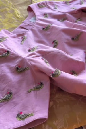 Pistachio Green Bird Motif Embroidered Saree Fabric and Blouse Piece