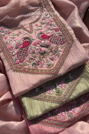 Pastel Pink and Sage Green Embroidered Unstitched Suit Set