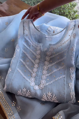 Sky Blue Chikankari and Mirror Work Unstitched Suit Set