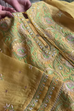 Lemon Yellow Floral Embroidered Organza Unstitched Suit Set