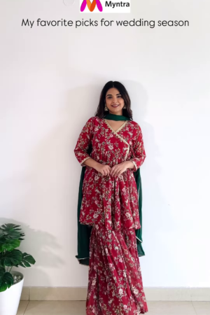 Red Floral Anarkali Kurta Set with Green Dupatta – Wedding Edition