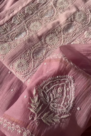 Tea Pink Embroidered Chikankari Unstitched Suit Fabric