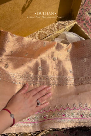 Golden Tissue Silk Handwork Saree Fabric