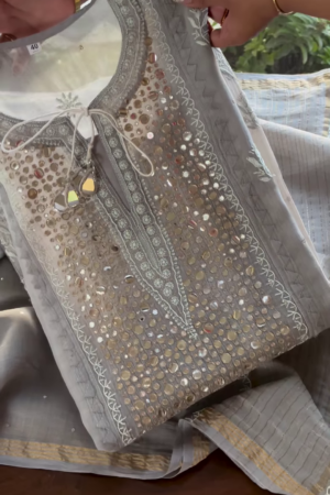 Grey Mirror Work Chikankari Unstitched Suit Set