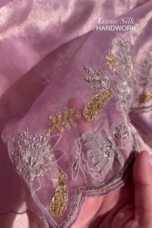 Lilac Tissue Silk Handwork Saree Fabric