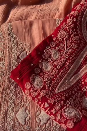Crimson Embroidered Chikankari Unstitched Suit Set