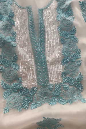 Off-White Embroidered Lawn Gala with Aqua Accents and Sequin Detail