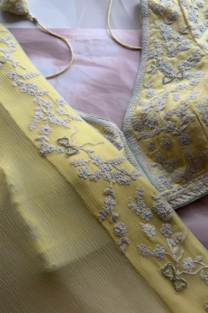 Lemon Yellow Floral Chikankari Embroidered Saree Fabric with Coordinating Blouse Piece