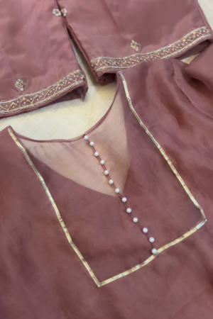 Dusty Rose Tissue Silk Unstitched Suit Set with Pearl and Zari Detail