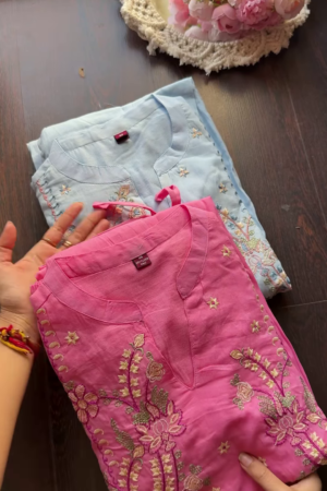 Pastel Embroidered Cotton Kurta Trio
