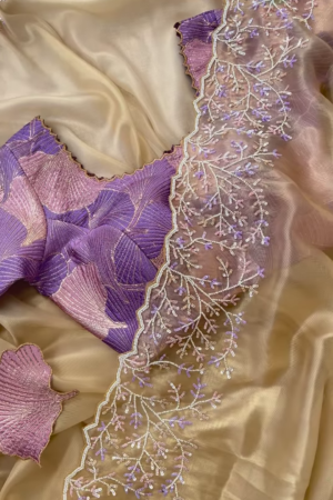 Champagne Tissue Silk Saree with Lilac Vine Embroidery and Brocade Blouse Piece