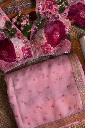 Dusty Rose Floral Sequin Embroidered Saree with Heavy Work Blouse