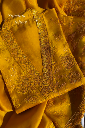 Sunshine Yellow Embroidered Organza Unstitched Suit Set