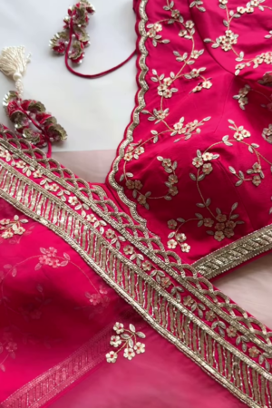 Rani Pink Floral Zari Embroidered Saree with Scalloped Blouse
