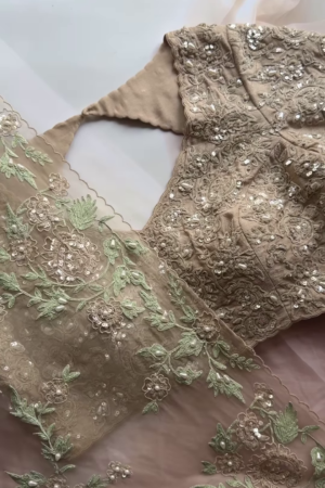 Taupe Floral Pearl and Sequin Embroidered Saree with Heavy Work Blouse