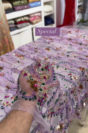 Lilac Sheer Embellished Fabric with Resham, Silma, and Sitara Work