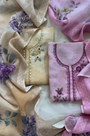 Pastel Floral Embroidered Linen Blend Unstitched Suit Set Duo