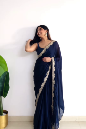 Midnight Blue Chiffon Saree with Embroidered Border – Timeless Elegance